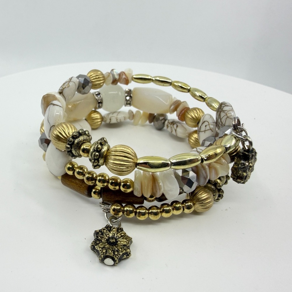 Boho Layered Bead Bracelet Gold Tone Earthy Charm Stack Statement Jewelry Gift